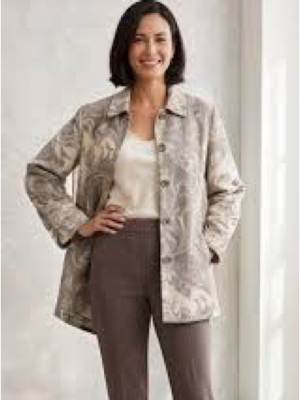 Chico's Floral Jacket Coat Button Down Gray Cream Cotton Wool Blend - Medium